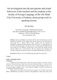 An investigation into the perceptions and actual behaviors of the teachers and the students at the faculty of Foreign Language of Ho Chi Minh City University of Industry about group work in speaking lessons