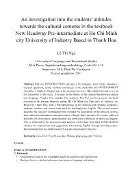 An investigation into the students' attitudes towards the cultural contents in the textbook New Headway Pre-Intermediate at Ho Chi Minh city University of Industry Based in Thanh Hoa