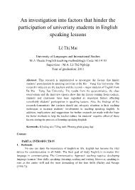 An investigation into factors that hinder the participation of univeristy students in English speaking lessons